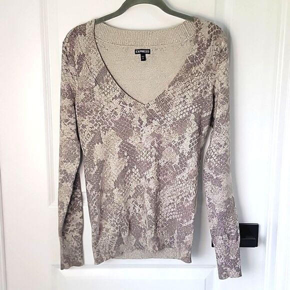 Express Metallic Bronze Brown Gold Reptile Design V Neck Sweater - Size Small - Picture 1 of 13